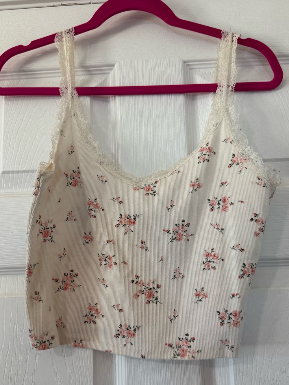 Forever 21 Cream Floral Lace-Trim Cami Crop Tank Top- Large